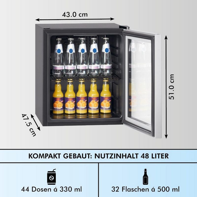 BOMANN Getränkekühlschrank KSG 7282 51 cm hoch 43 cm breit Mini-Kühlschrank Getränkekühlschrank mit LED Innenraum-Beleuchtung wechselbarer Türanschlag Chrom-Gitter (höhenverstellbar) 48 Liter schwarz