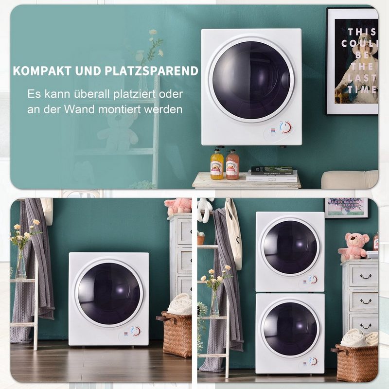 Fangqi Ablufttrockner Mini-Wäschetrockner 25 kg wandmontierbar Wäschetrockner einfache Bedienung 200-Minuten-Timer Doppelfilter PTC-Keramikheizung Edelstahltrommel Überhitzungsschutz 65 °C geeignete Trocknungstemperatur