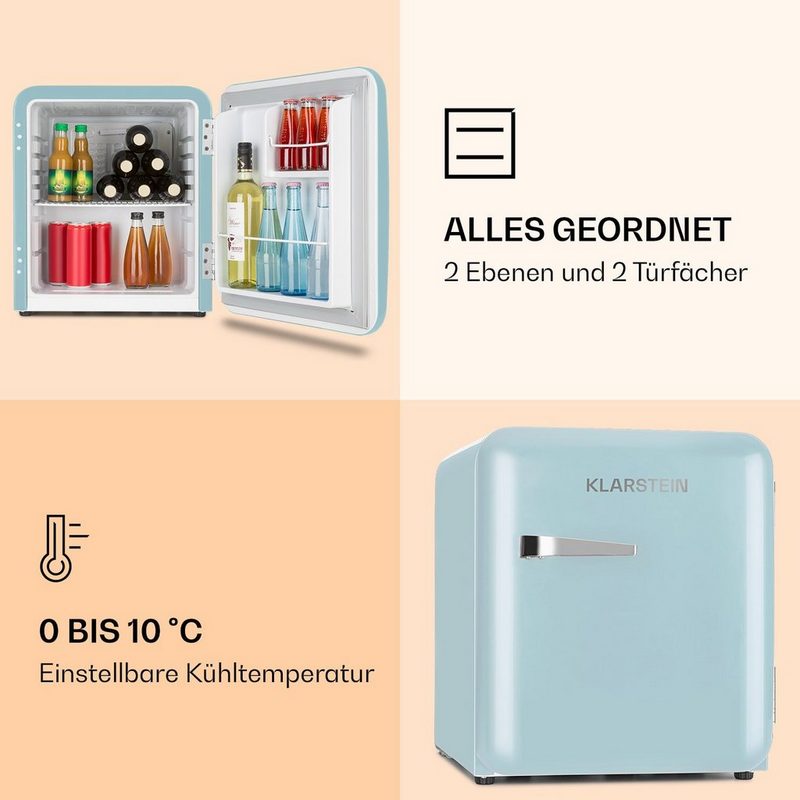 Klarstein Table Top Kühlschrank Audrey Mini Retro-Kühlschrank 48l 2 Ebenen 10033346A 50 cm hoch 44 cm breit Hausbar Minikühlschrank ohne Gefrierfach Getränkekühlschrank klein Flaschenkühlschrank Kühlschrank Mini Bierkühlschrank Minibar Getränke