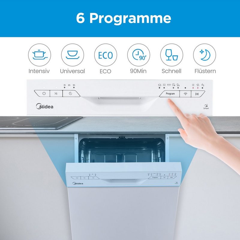 Midea Standgeschirrspüler SF 3.45NW Pro 9 l 9 Maßgedecke 47 db 5 Programme 92 kWh/100 Zyklen Weiß