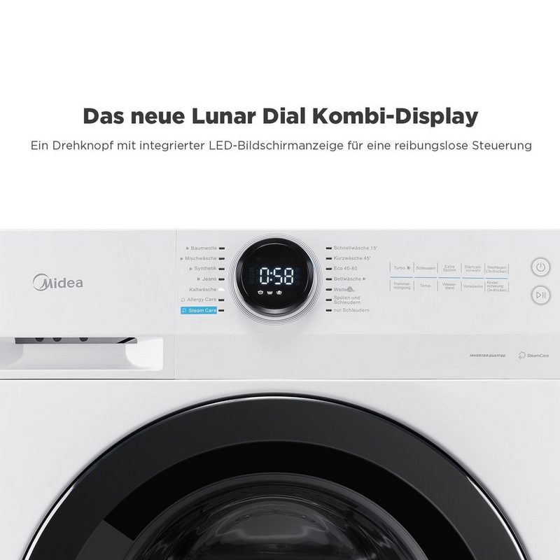 Midea Waschmaschine MF200W80B-E 8 kg 1400 U/min48cm tief Slim Design Steam Care Nachlegefunktion Allergy Care Schnellwäsche