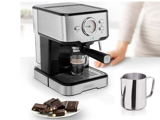 PRINCESS Siebträgermaschine italienische Siebdruck Kaffee & Espresso-Maschine mit Milchaufschäumer für Latte Macchiato & Cappuccino 2in1 auch für Kapseln geeignet