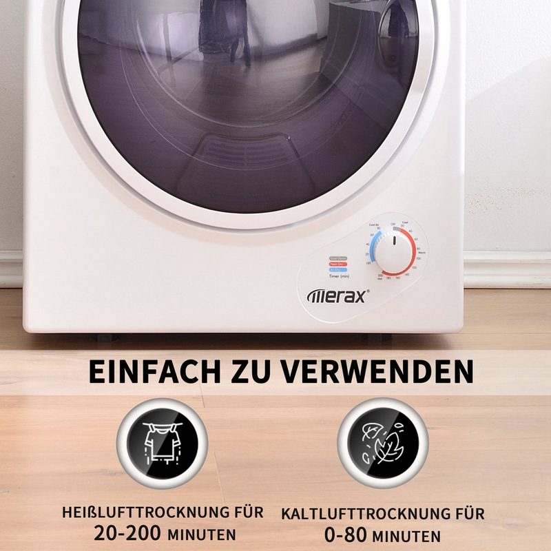 Merax Ablufttrockner Sol VII mini-Wäschetrockner 25 kg PTC-Heizelement Wärmewahl bis 65 °C Frontlader freistehend/hängend Doppelte Filterung Timer 20 bis 200 Minuten