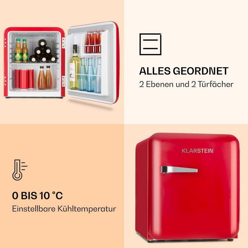 Klarstein Table Top Kühlschrank Audrey Mini Retro-Kühlschrank 48l 2 Ebenen 10033345A 50 cm hoch 44 cm breit Hausbar Minikühlschrank ohne Gefrierfach Getränkekühlschrank klein Flaschenkühlschrank Kühlschrank Mini Bierkühlschrank Minibar Getränke