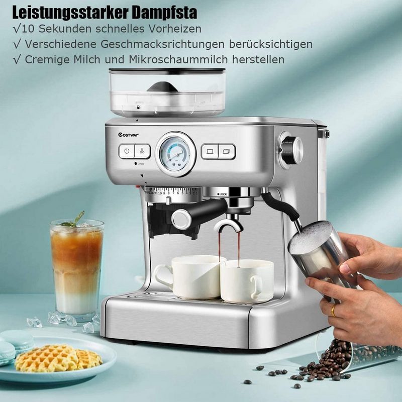 COSTWAY Espressomaschine Siebträgermaschine Kaffeemaschine mit 30 Stufen Milchaufschäumdüse PID-Temperaturregler & 2L Wassertank