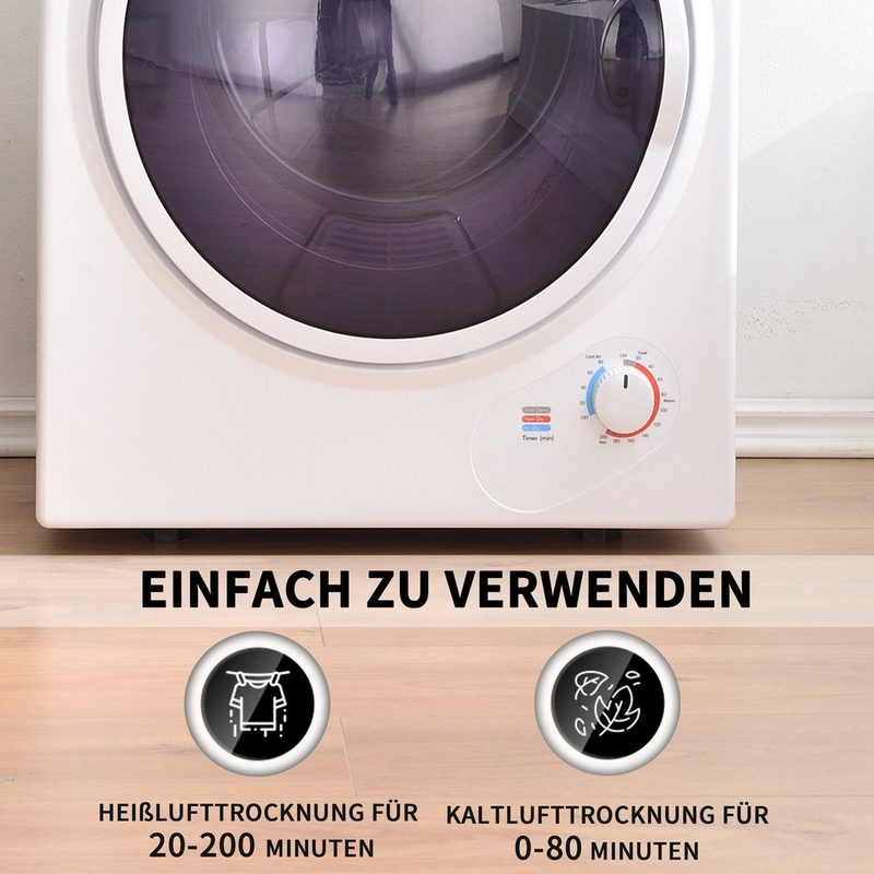 Fangqi Ablufttrockner Mini-Wäschetrockner 25 kg wandmontierbar Wäschetrockner einfache Bedienung 200-Minuten-Timer Doppelfilter PTC-Keramikheizung Edelstahltrommel Überhitzungsschutz 65 °C geeignete Trocknungstemperatur