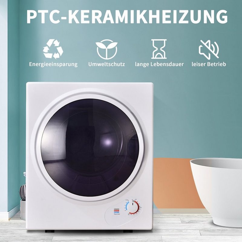 Fangqi Ablufttrockner Mini-Wäschetrockner 25 kg wandmontierbar Wäschetrockner einfache Bedienung 200-Minuten-Timer Doppelfilter PTC-Keramikheizung Edelstahltrommel Überhitzungsschutz 65 °C geeignete Trocknungstemperatur