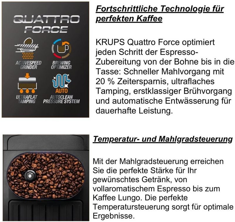 Krups Kaffeevollautomat Arabica + 2Kg Kaffeebohnen Best Crema ZES800 Direktwahltasten für Espresso und Kaffee großes Display 17L 2-Tassen-Funktion Milchaufschäumdüse 1450W 15 Bar EINFACHE BEDIENUNG 3 Temperatur + 3 Mahlgrad Einstellungen