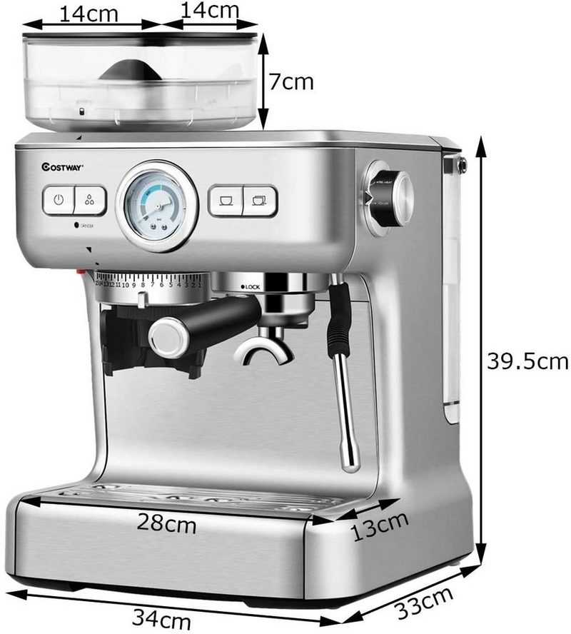 COSTWAY Espressomaschine Siebträgermaschine Kaffeemaschine mit 30 Stufen Milchaufschäumdüse PID-Temperaturregler & 2L Wassertank