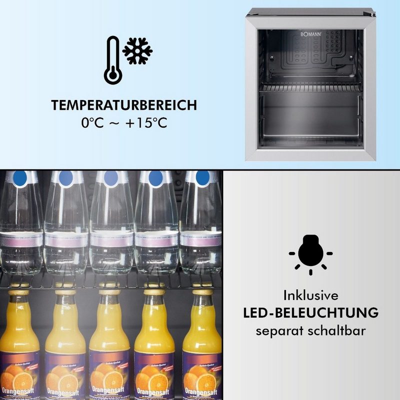 BOMANN Getränkekühlschrank KSG 7282 51 cm hoch 43 cm breit Mini-Kühlschrank Getränkekühlschrank mit LED Innenraum-Beleuchtung wechselbarer Türanschlag Chrom-Gitter (höhenverstellbar) 48 Liter schwarz