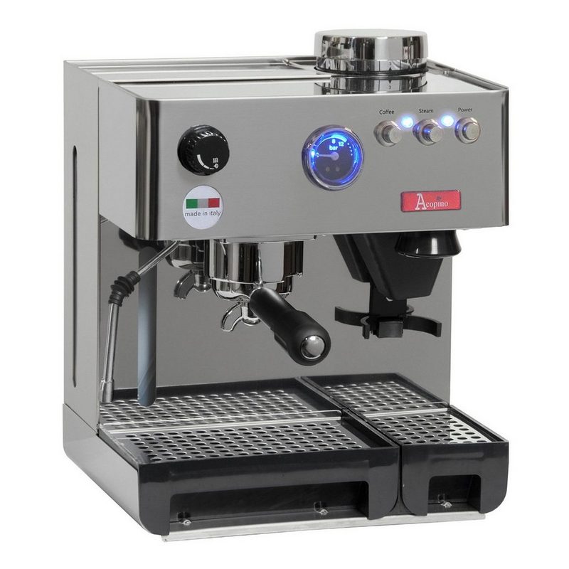 Acopino Siebträgermaschine Milano Deluxe EspressomaschineMade in Italy stufenlos einstellbare Mühle Pumpendruckmanometer mit blauer LED-Beleuchtung Messingboiler