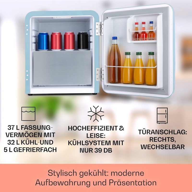 Klarstein Table Top Kühlschrank Audrey Mini 2in1 Kühlschrank EEC F Gefrierfach LED 10035309A 50 cm hoch 43 cm breit Hausbar Minikühlschrank mit Gefrierfach Getränkekühlschrank klein Flaschenkühlschrank Kühlschrank Mini Bierkühlschrank Minibar Getränke