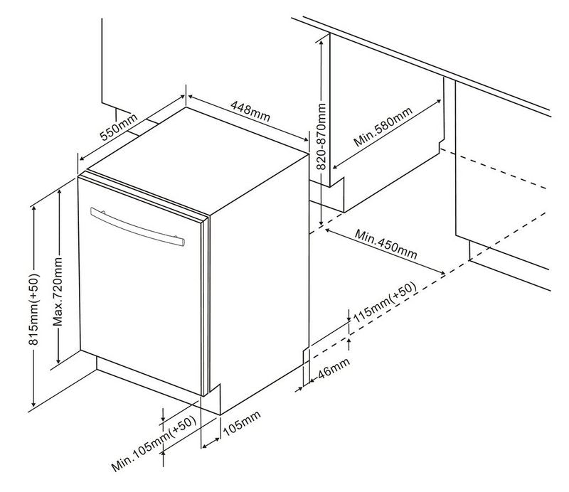 PKM vollintegrierbarer Geschirrspüler GSP9-5FI 9 l 9 Maßgedecke Reinigungstemperaturen 45 / 50 / 60 / 65 °C Leistungsaufnahme im Aus-Zustand 049 Watt Programmdauer Standardreinigungszyklus 235 Minuten